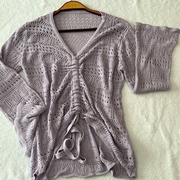 LYANER Women's Drawstring Long Bell Sleeve Sexy Crochet Knit Beach Hollow Out Sm - Picture 7 of 8